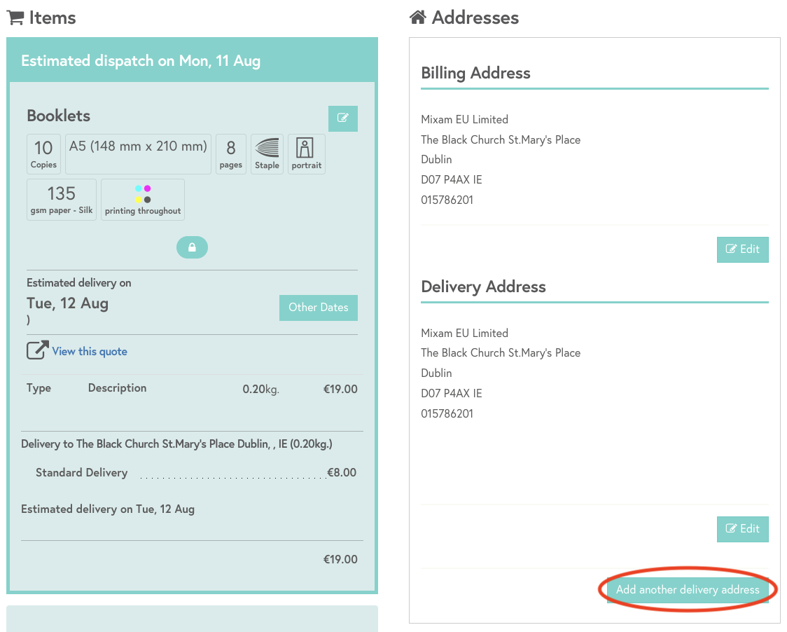An overview of the Delivery tab with the Add another delivery address highlighted with a red oval