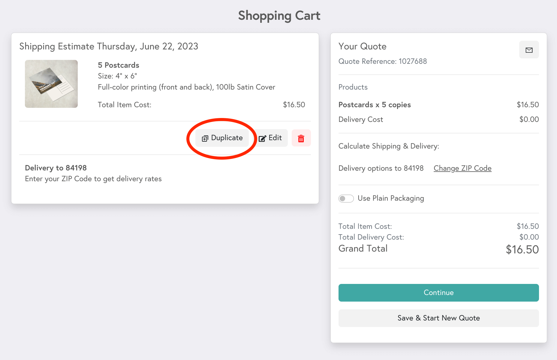 Shopping cart preview with a red circle highlighting the 'Duplicate' button in Mixam's interface.