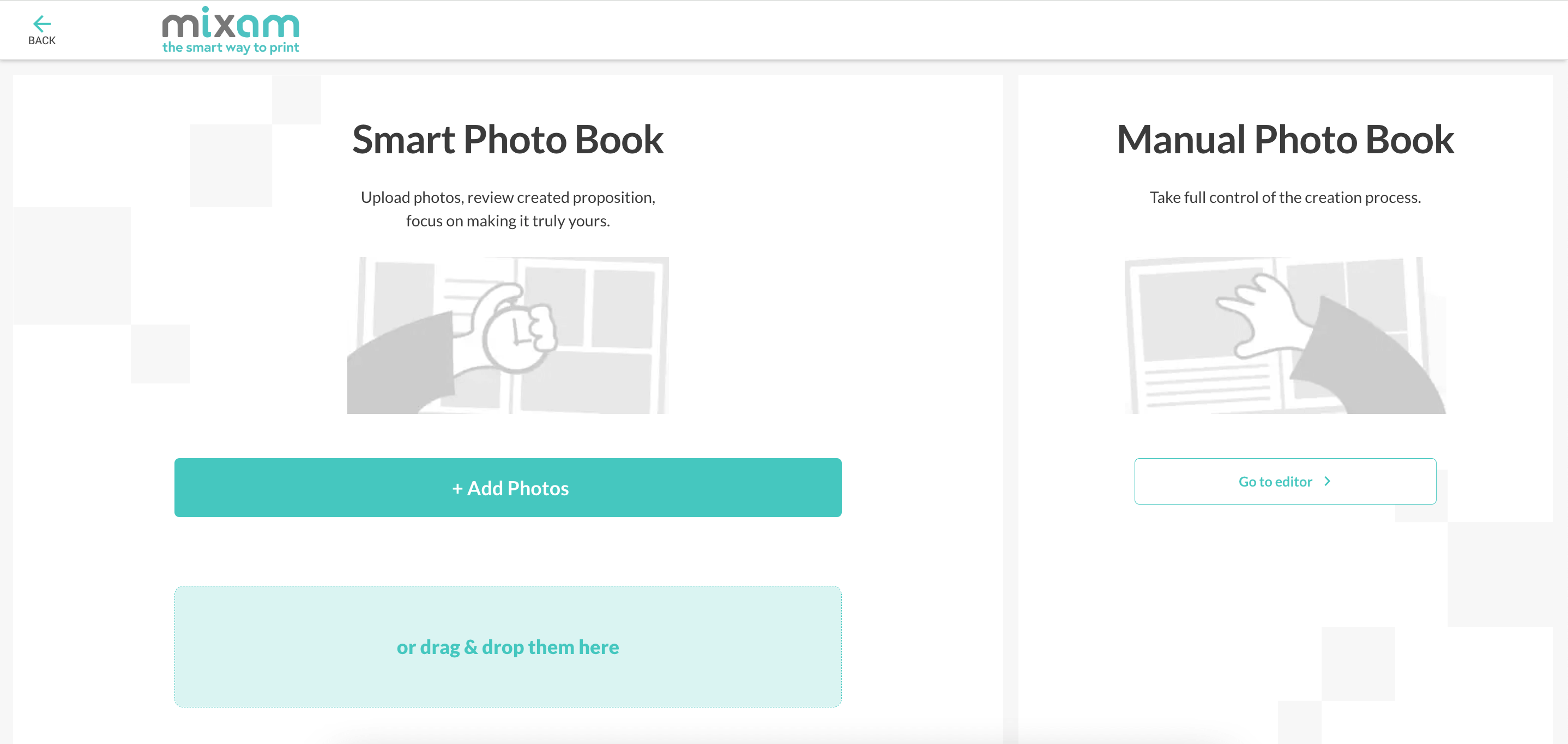 Mixam's Smart Photo Book creation tool and manual photo book creation tool.