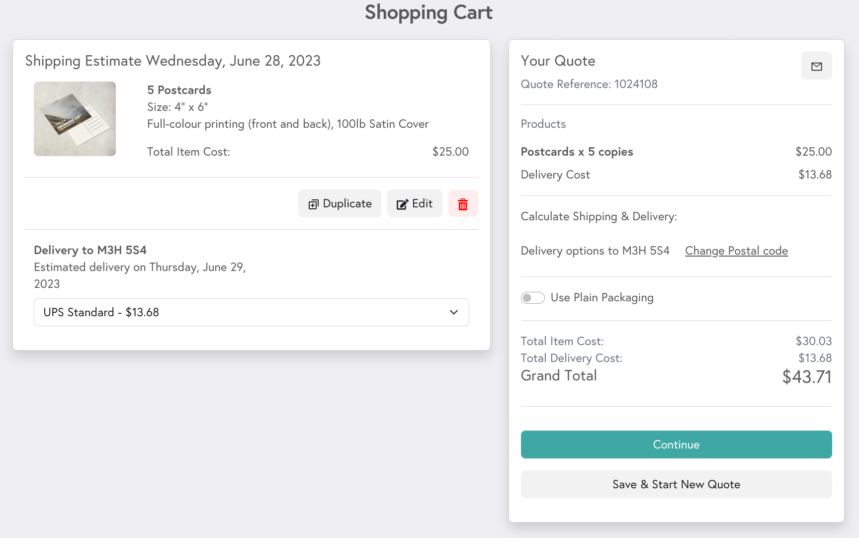 Shopping cart preview with a red circle highlighting the 'Duplicate' button in Mixam's interface.