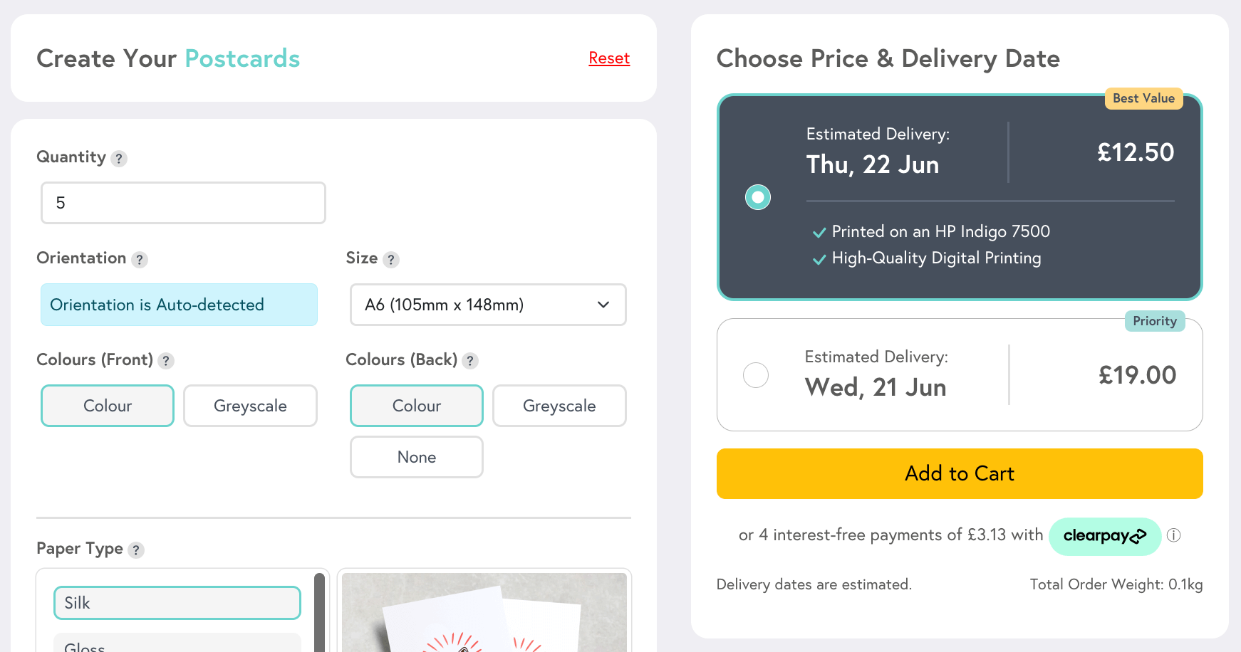 Preview of Mixam's Instant Quote Calculator, featuring various print options and their corresponding prices.