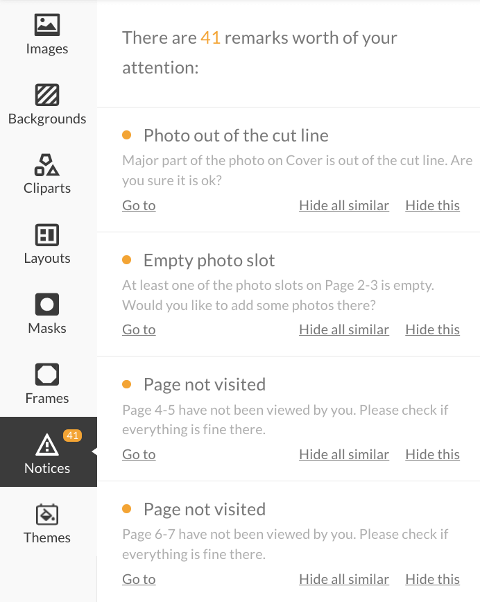 Photo book print issue warnings