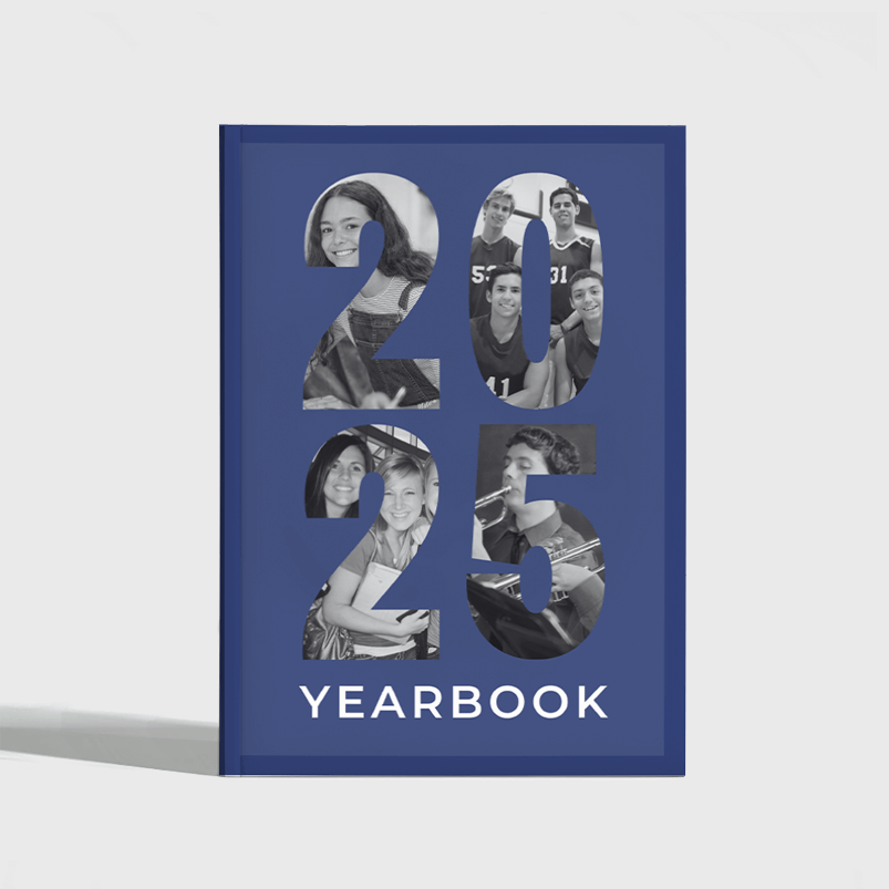 A blue hardcover yearbook displaying the year 2025 on its cover.