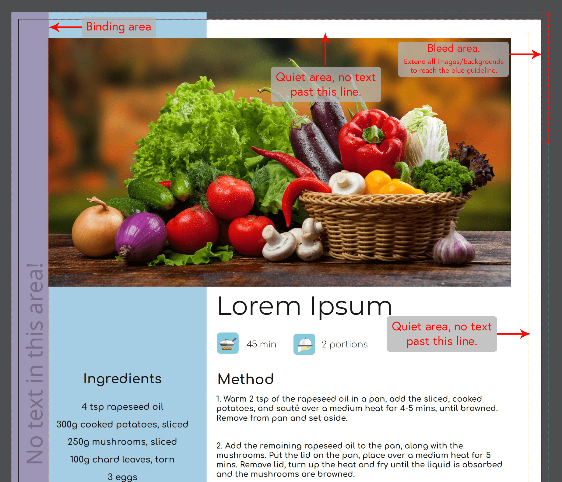 The quiet, bleed and binding areas on a pending order