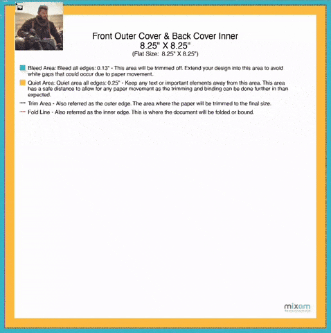 GIF showing full bleed for print: A photo of a man on a bike is dragged to the bleed guidelines with a green check mark. Then, the same photo is dragged inside the quiet area with a red cross.