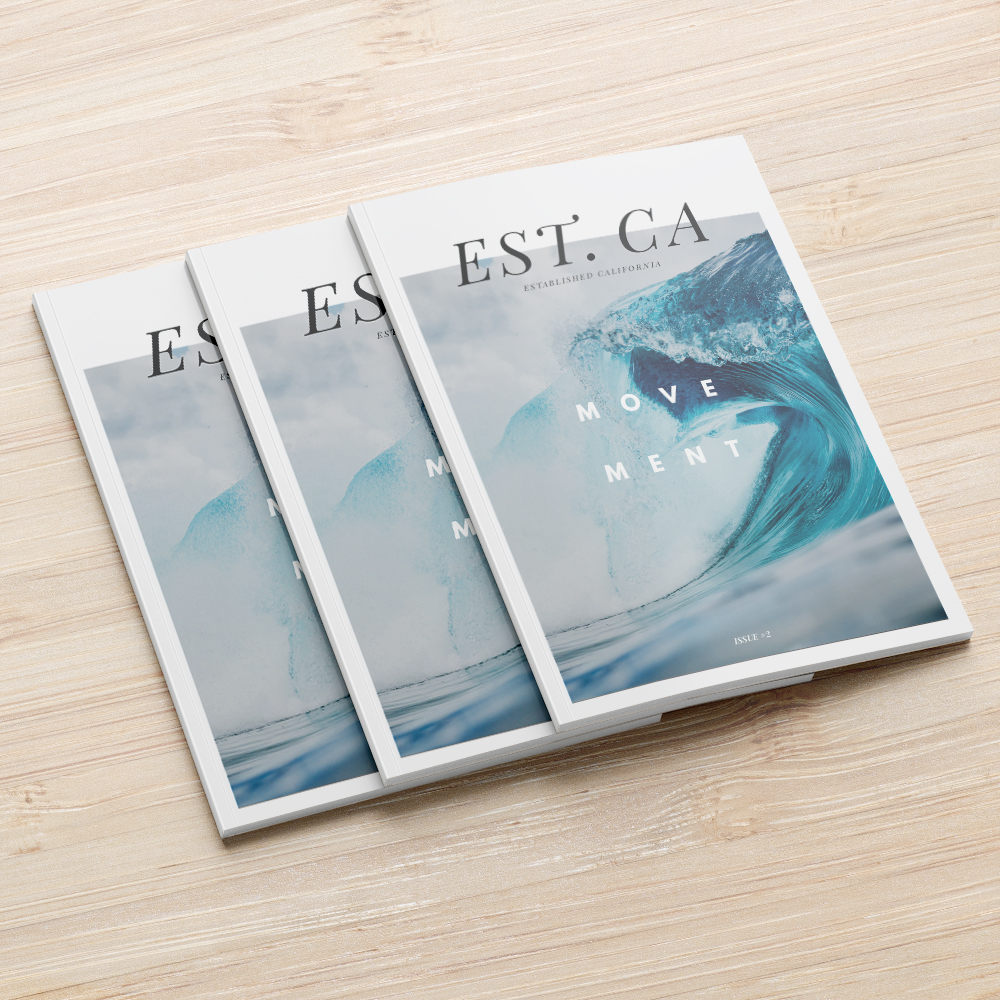 A mockup of three magazines titled MOVEMENT from Established California, displayed on a wooden background.