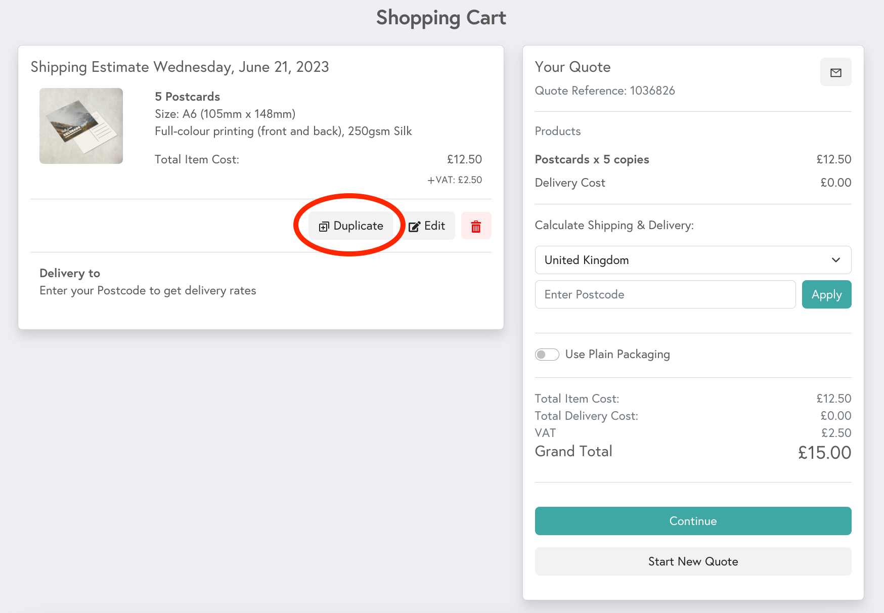 Shopping cart preview with a red circle highlighting the 'Duplicate' button in Mixam's interface.