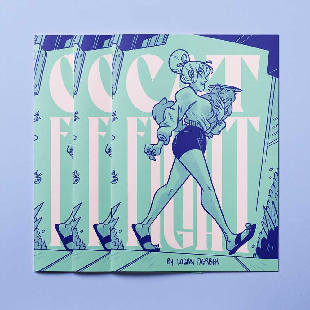 Three stacked copies of zine prints featuring an illustration of a woman walking and holding a cat.