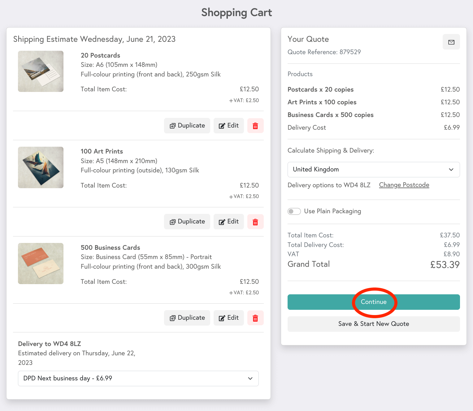 A preview of Mixam's shopping cart on a mobile device featuring multiple prints of the same design.