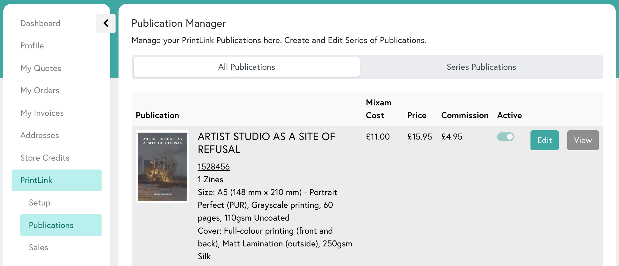 An overview of the All Publications section for Mixam's print-on-demand service, PrintLink.
