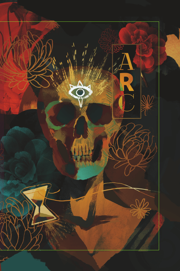 A close-up of a highly decorative book cover print file displaying the bleed guideline in bright green with artwork extended.