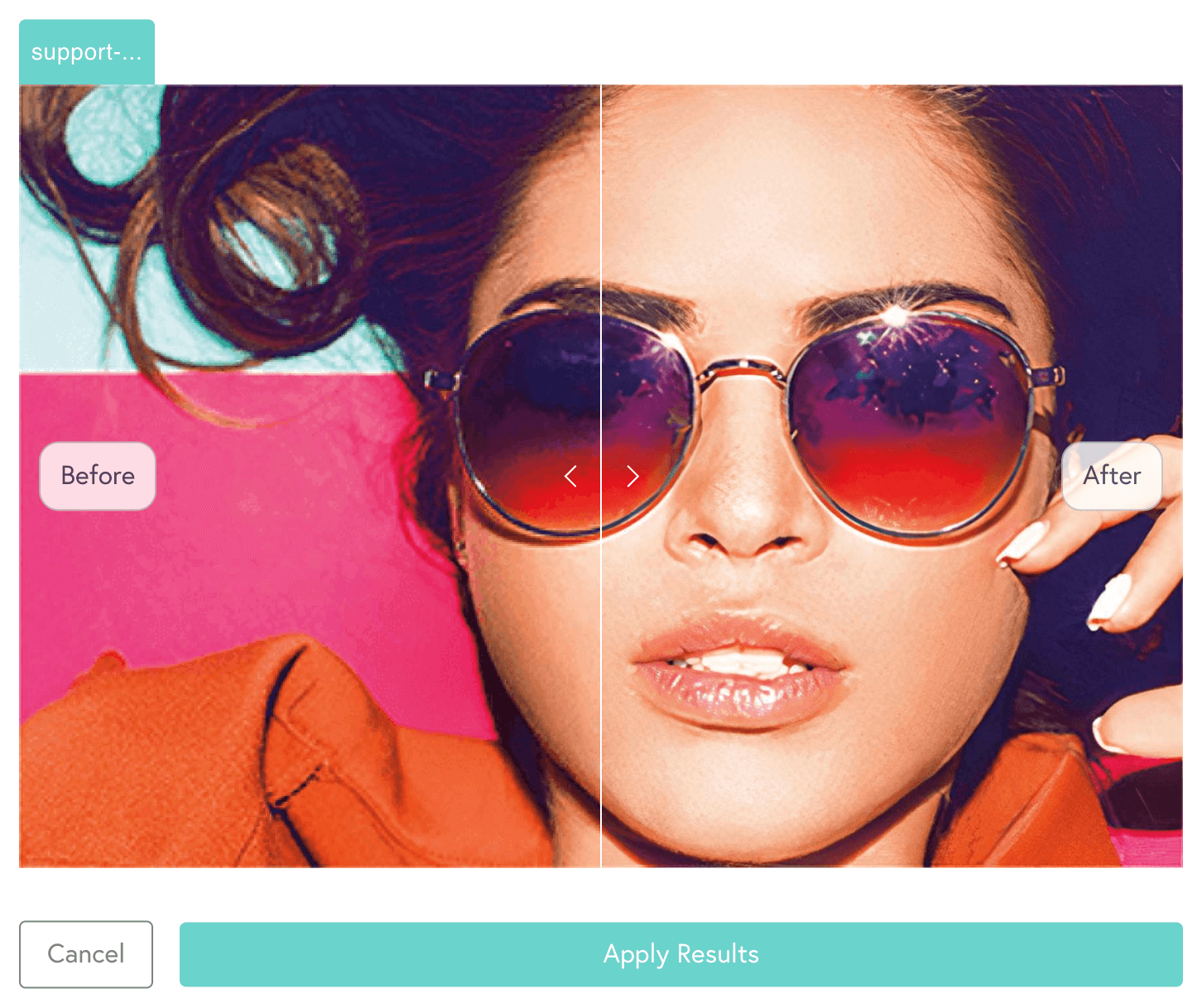 A woman in sunglasses against a pink background, showcasing before and after AI image enhancement with a slider function.