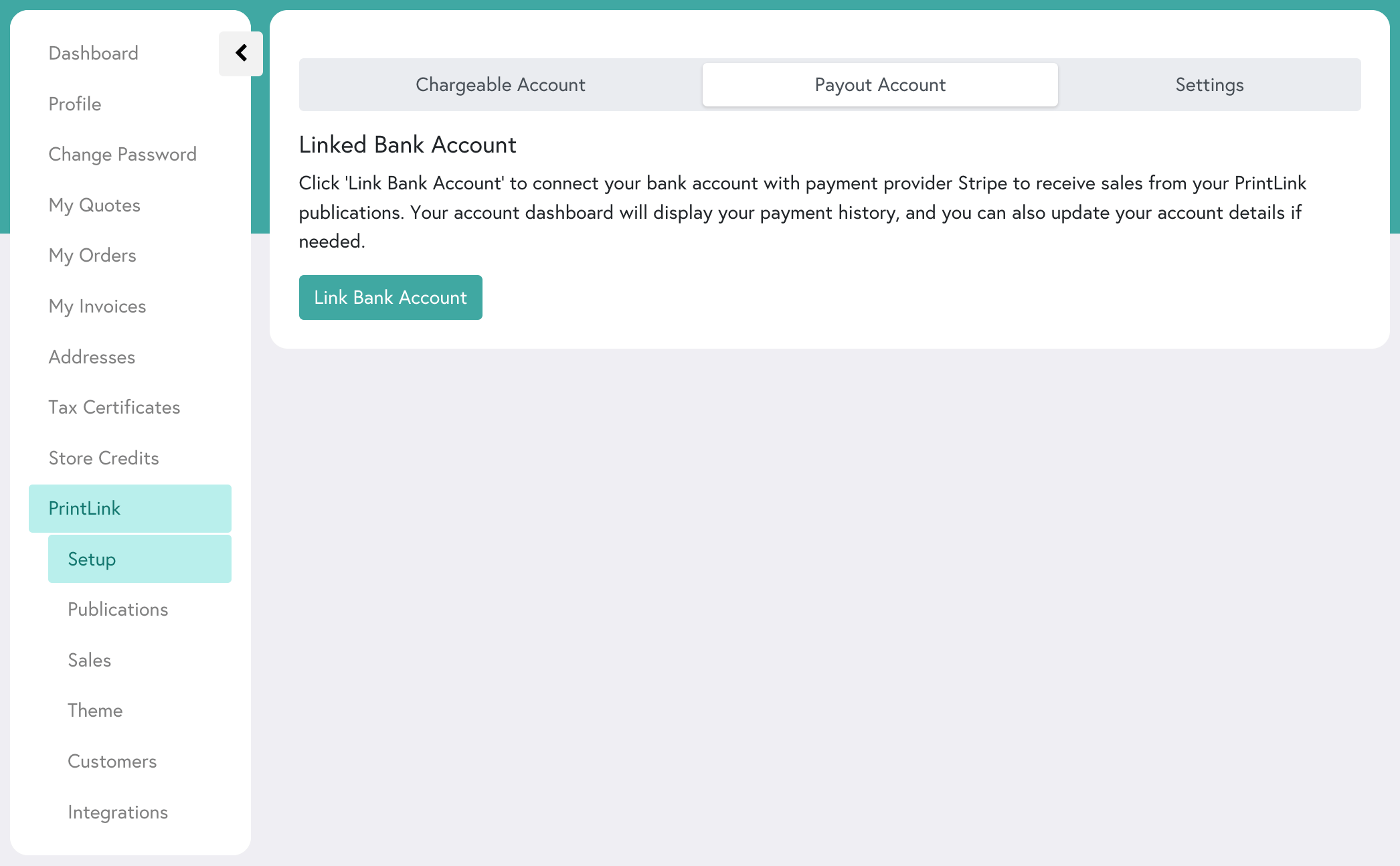 An overview of the Payout Account section for Mixam's print-on-demand service, PrintLink.