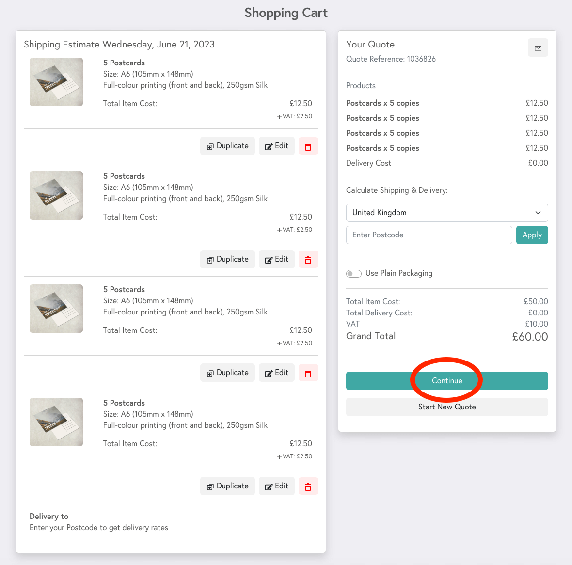 Preview of Mixam's shopping cart with 5 copies of 4 designs, highlighting the 'Continue' button for the next step.