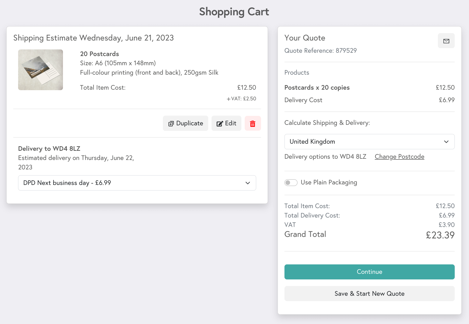 A preview of Mixam's shopping cart on a mobile device featuring multiple prints of the same design.
