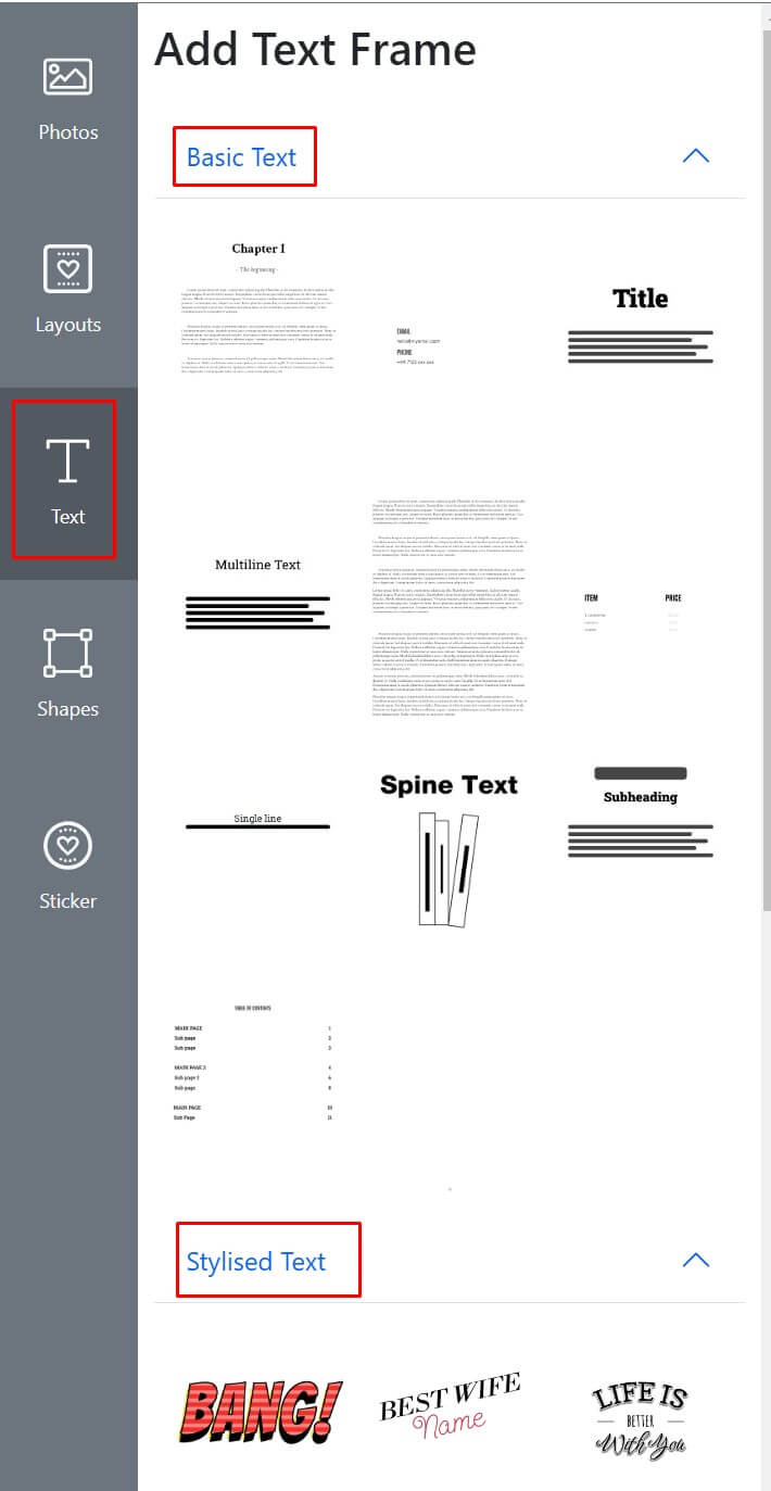 The Design Online tool's text frame options
