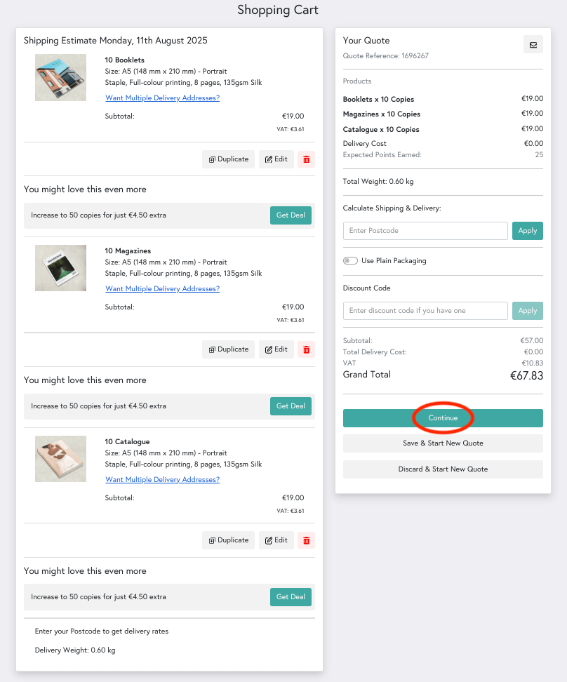 A preview of Mixam's shopping cart on a mobile device featuring multiple prints of the same design.