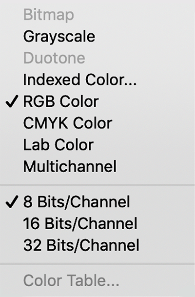 Colour model menu options