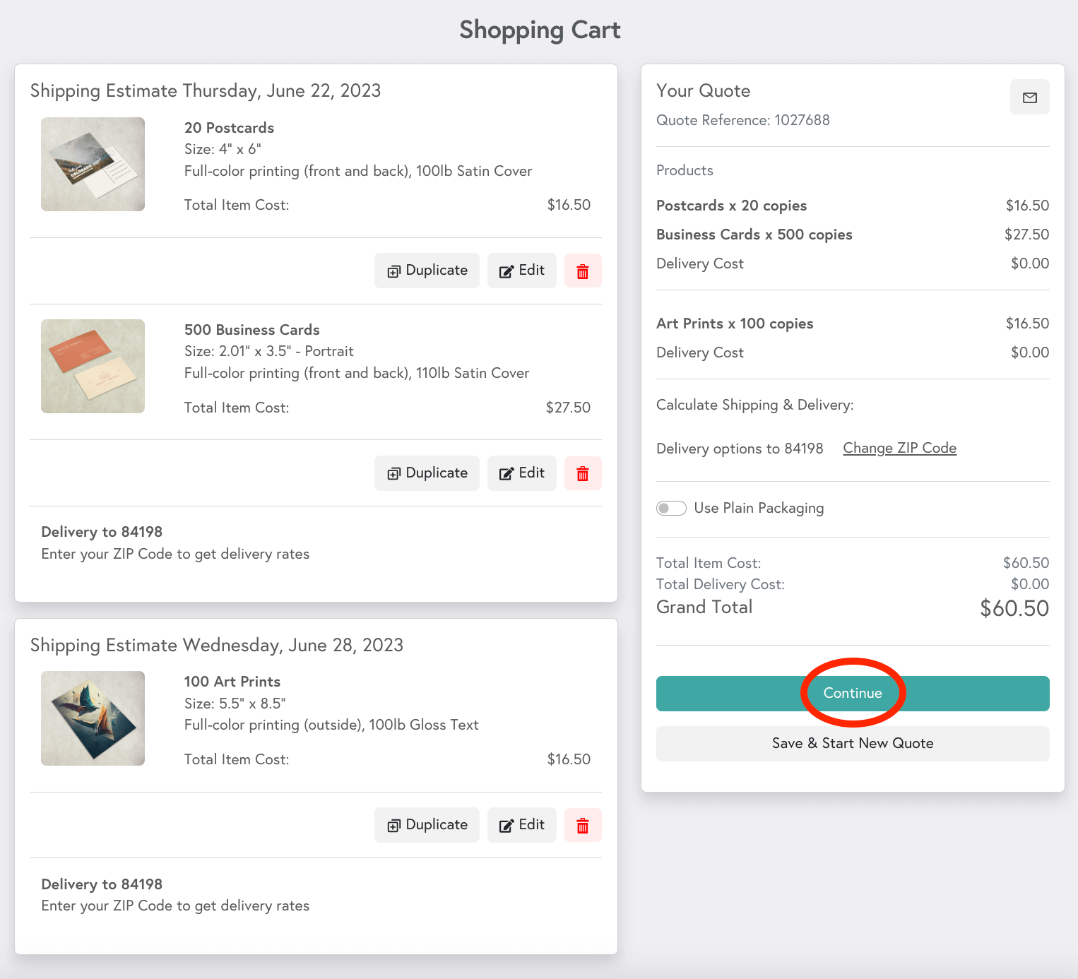 A preview of Mixam's shopping cart displaying three products for a single print design.