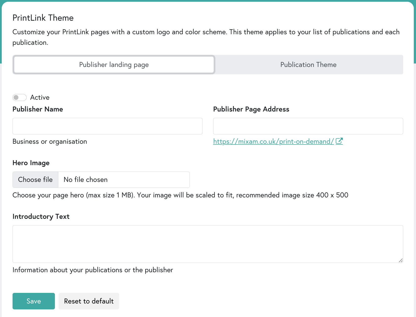 An overview of the Publisher landing page section for Mixam's print-on-demand service, PrintLink.