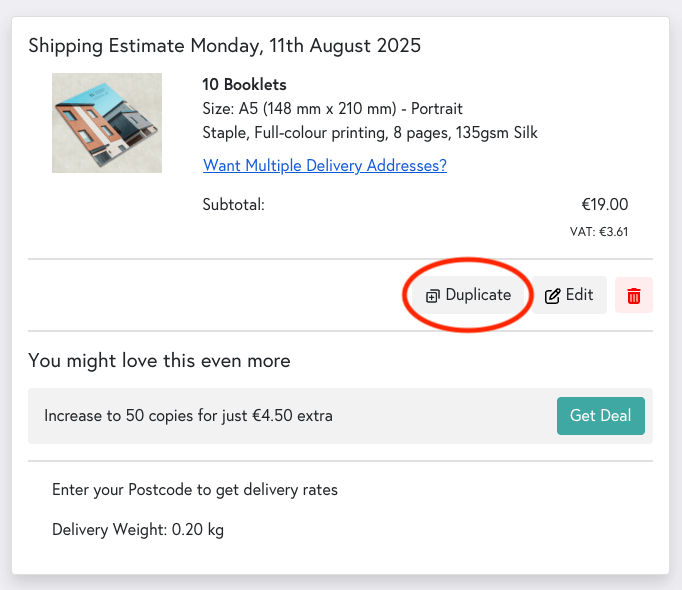 Shopping cart preview with a red circle highlighting the 'Duplicate' button in Mixam's interface.
