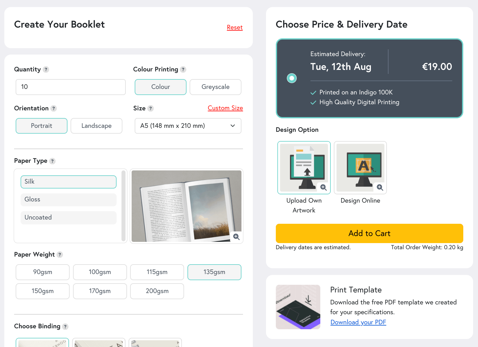 Preview of Mixam's Instant Quote Calculator, featuring various print options and their corresponding prices.
