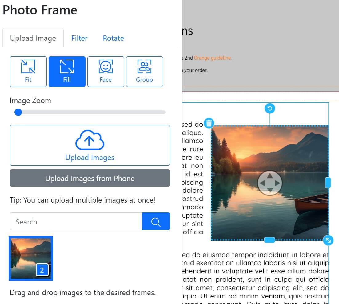Photos section in Design Online tool