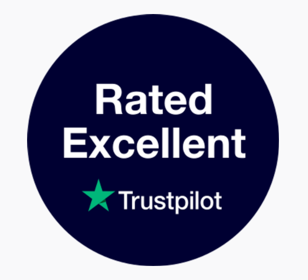 An image of a dark blue circle on a white background with the words 'Rated Excellent' inside with Trustpilot's logo underneath, denoting Mixam's online printing services.