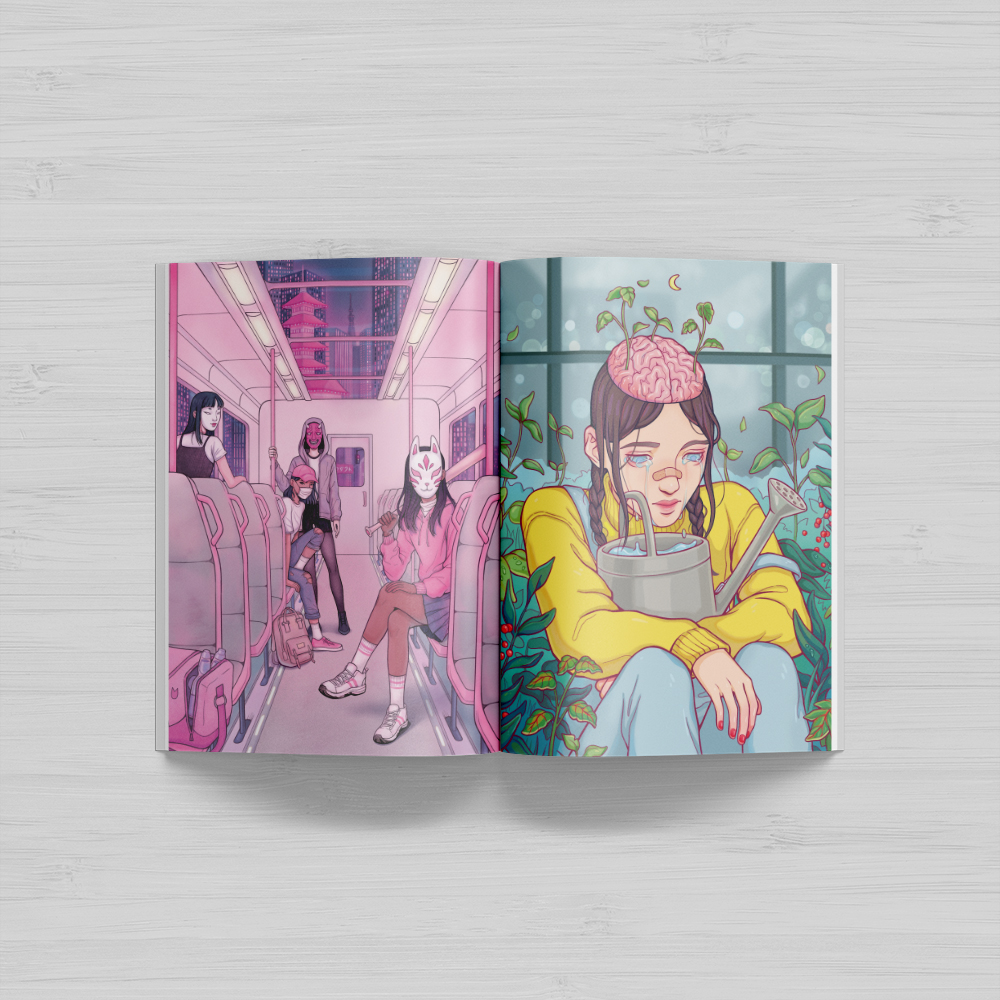 A6 zine spread with digital illustrations.